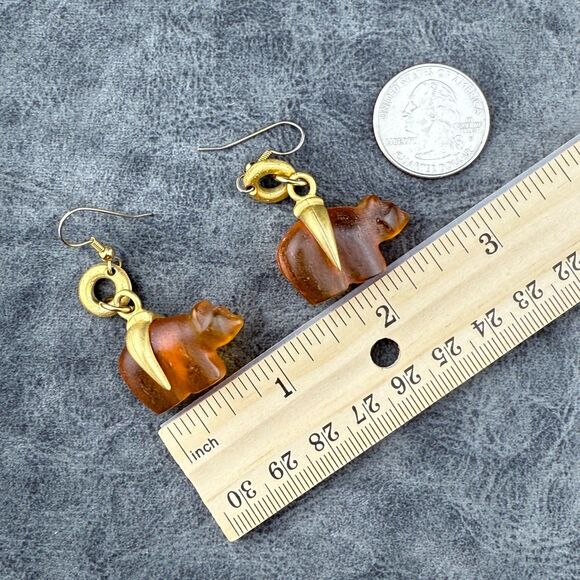 Vintage Bear Gold Tone Dangle Pierced Ear Earrings Pressed Molded Amber (?) - Picture 12 of 12